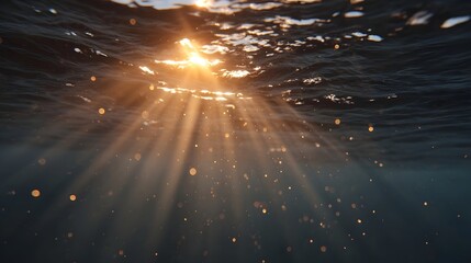 Golden sunbeams pierce the dark ocean surface from above creating a luminous effect as they illuminate tiny suspended particles and ripples