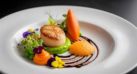 Gourmet dish presentation on white plate featuring seared scallop and vegetables