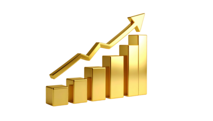 Golden 3D bar chart with upward trending arrow against a stark black background