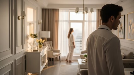 Man walking away from his partner in a softly lit modern living room