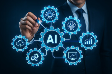 AI technology strategy illustration showing automation analytics cloud computing and corporate innovation