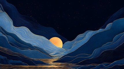 Serene Mountain Valley Under a Golden Sunset with Reflecting Water.