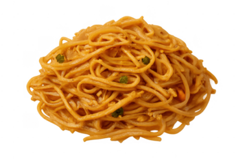Noodles with peanut sauce and broccoli pieces on transparent background