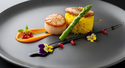 Gourmet meal of scallops rice asparagus and decorative elements on plate