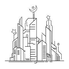 Modern city skyline line art illustration with crescent moon and stars futuristic architecture skyscrapers urban landscape outline design technology building shapes cityscapes minimal vector art