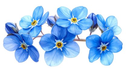 Watercolor close-up of delicate, vibrant, blue flowers with yellow centers