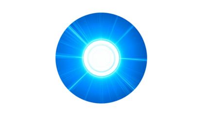Circular blue energy burst, bright core with radiating beams on black background
