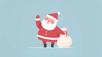 Cute cartoon Santa waves cheerfully and holds gift sack on pastel blue background creating fun playful Christmas greeting and festive holiday animation clip