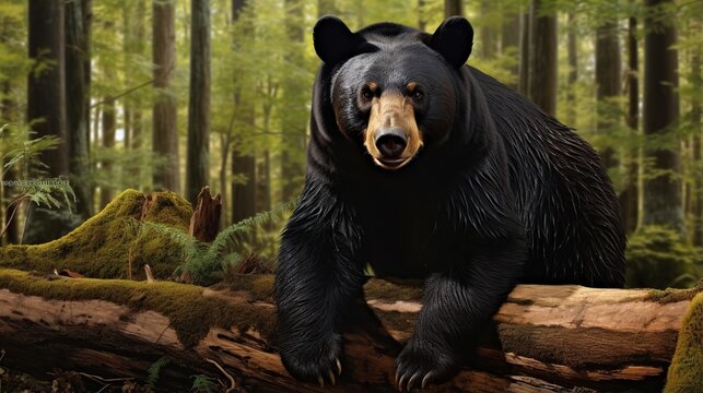 Majestic black bear with front paws resting on a fallen log in a sunlit green forest