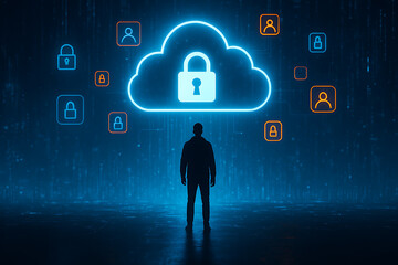 Cloud cybersecurity concept with secure data storage and digital access protection symbols