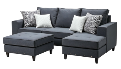 Dark gray sectional couch with matching ottoman, adorned with decorative pillows
