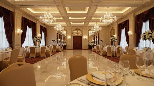 Elegant dining room setup with floral centerpieces, crystal chandeliers, and luxurious decor