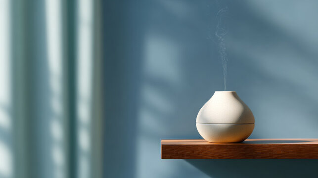 Minimalist ceramic essential oil diffuser emitting vapor on wooden shelf with soft natural light and blue wall background