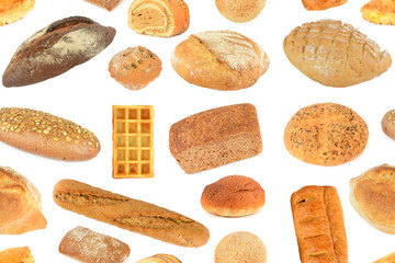Seamless Pattern of Fresh Bread and Pastries Isolated on White Background