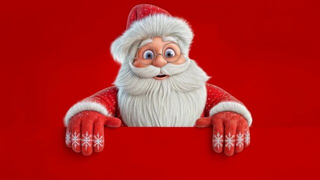 Cute smiling Santa with glasses and gloves leans on red banner and looks at viewer offering ideal layout for bold Christmas sale announcements and joyful holiday wishes