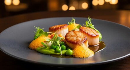 Gourmet seared scallops with pea puree and orange foam fine dining plate
