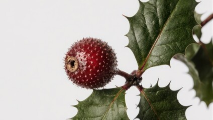 Close-up of a vibrant red berry amidst spiky green holly leaves.