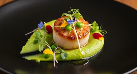 Seared scallop dish with pea puree and garnish on a black plate