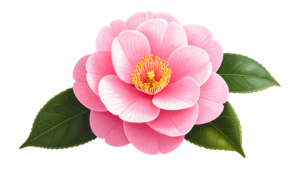 Pink camellia flower, delicate petals, vibrant yellow center, green leaves, isolated on black