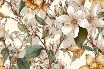 Elegant, chic, vintage seamless repeatable pattern featuring with  jasmine blossoms with delicate petals and green foliage