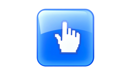A square, glossy blue button with a pixelated white hand cursor