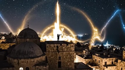 Man playing trumpet on ancient city rooftop under starry night emitting glowing light signals for global message concept and spiritual broadcast