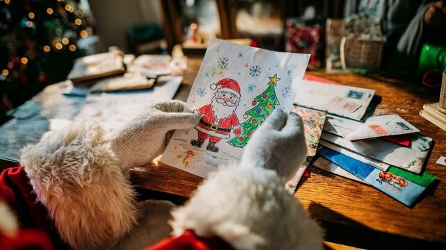 Santa hands wearing white gloves sort through colorful christmas letters and drawings on wooden table in cozy room filled with decorations capturing magical holiday mail tradition for children