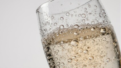 Close-up of sparkling champagne in a glass with bubbles.