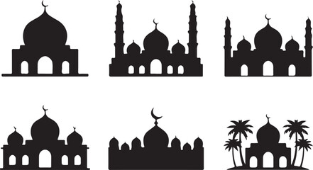 Mosque silhouettes collection for islamic architecture and eid greetings with palm trees and minarets