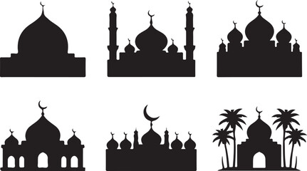 Mosque silhouettes collection for islamic architecture and eid greetings with palm trees and minarets