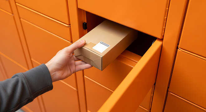 Person depositing parcel into orange locker