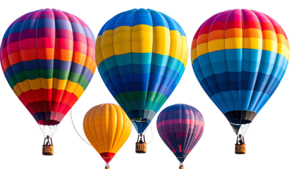 A cluster of vibrantly colored hot air balloons float against an undefined backdrop