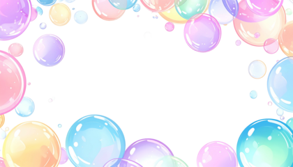 Colorful, iridescent bubbles frame a black void, creating a playful and airy border