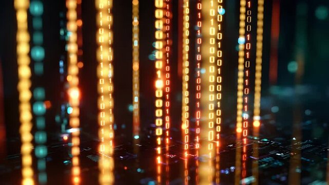 Vibrant binary code streams flowing through digital landscape