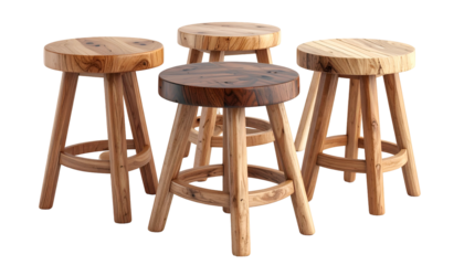 Four wooden stools with round seats and sturdy legs, rendered against a black background