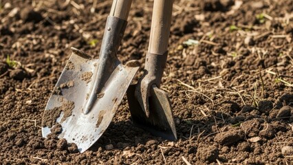 A shovel and trowel sit in a patch of dirt, ready for gardening or landscaping work.