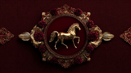 Luxury chinese background festive oriental background red gold horse luxury chinese background with ornate floral frame and elegant metallic horse symbol for festive oriental celebration design art