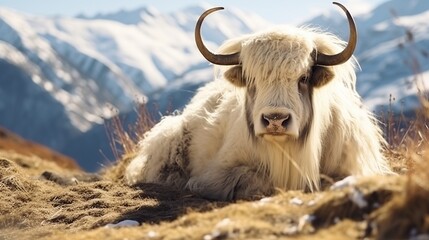 Majestic Long-Haired Yak Resting on a Sunlit Alpine hillside Beneath Snowy Peaks