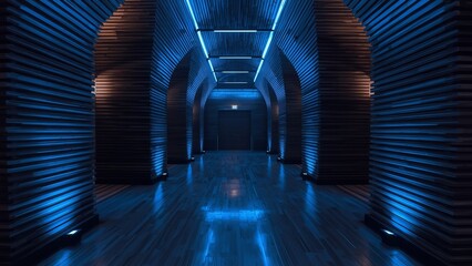 A dark blue corridor with arched doorways and glowing lights on the floor and ceiling