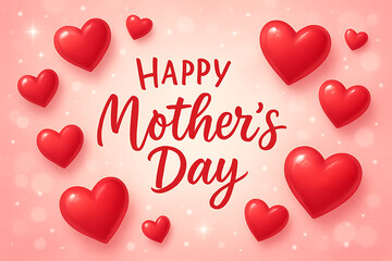 Happy mothers day greeting with red hearts floating on soft pink background expressing love