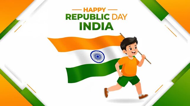Happy Republic Day India Vector Background Boy Running with Flag