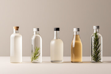 dry january display, dry january-themed table with various non-alcoholic drinks, simple labels, and neutral background, with space for text