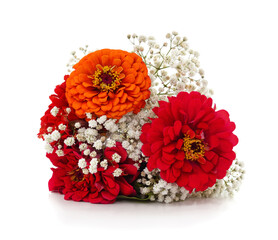 Beautiful bouquet of red and orange zinnia flowers on a white background.