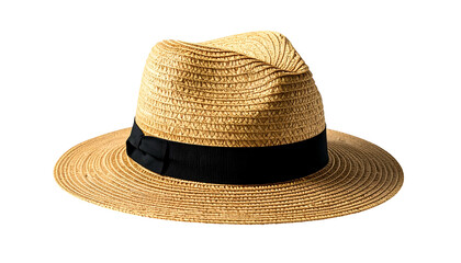A stylish, light-brown straw hat with a black band, isolated on a black background