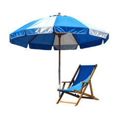 A blue and white beach umbrella shades a matching folding chair on a clear background