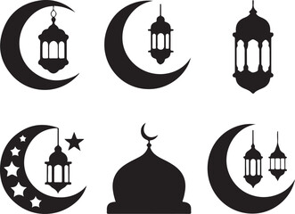 Islamic symbols crescent moon stars and lanterns for ramadan and eid holiday decorations and greetings