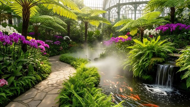 Serene conservatory garden with waterfall and koi pond