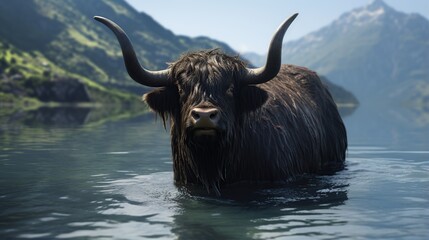 Majestic Water Buffalo Standing in Mountain Lake Among Rugged Alpine Peaks