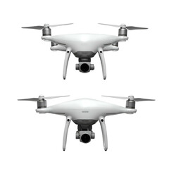 Two aerial camera devices, white, on black background, front view