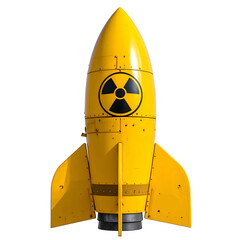 A bright yellow rocket with a radiation symbol on its side against a black background